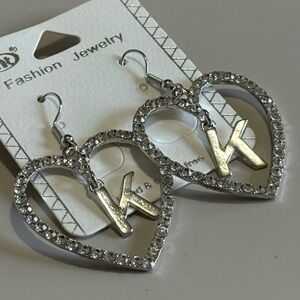 NEW Silver Rhinestone Heart Initial "K" Earrings